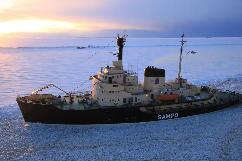 The icebreaker Sampo in sea ice at the Port of Kemi at sunset